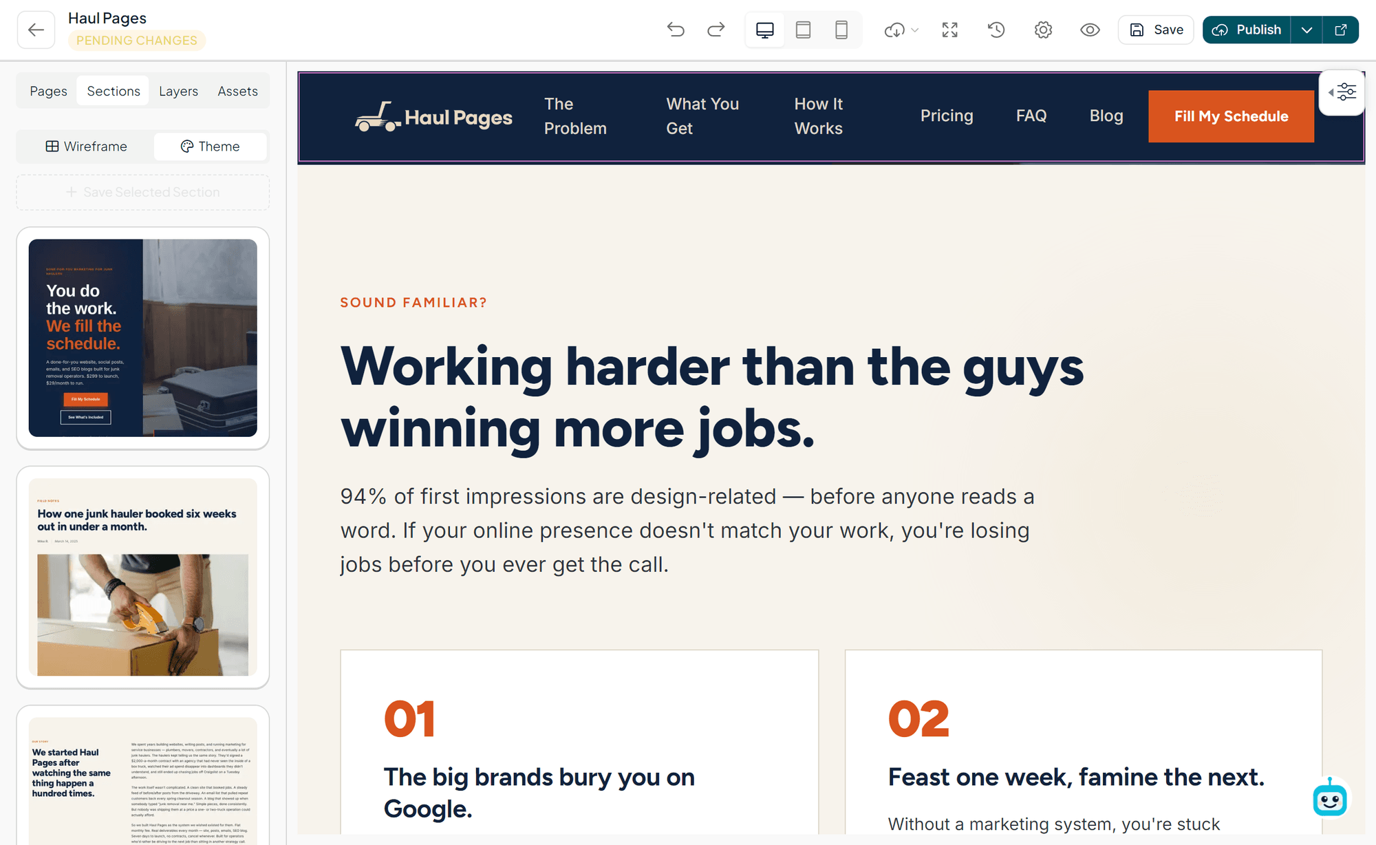 Sales page builder UI with editable product page, drag-and-drop sections, and live checkout preview