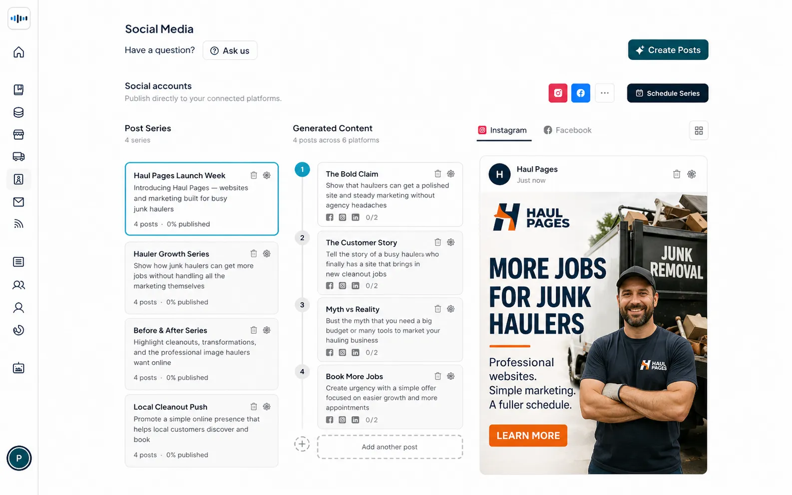 Marketing plan dashboard showing generated social posts, emails, blog content, and scheduling queue